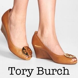 Tory Burch Peep Toe Brown Leather Wedges Sally Heels Size 8